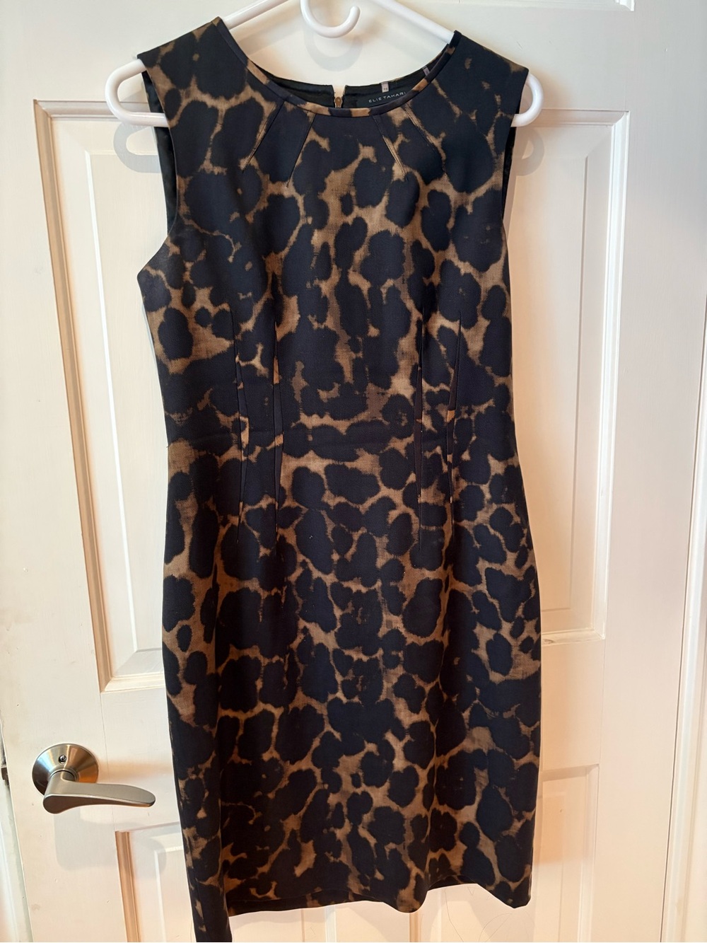Elie Tahari Black and Brown Leopard-Print Midi Sheath Dress